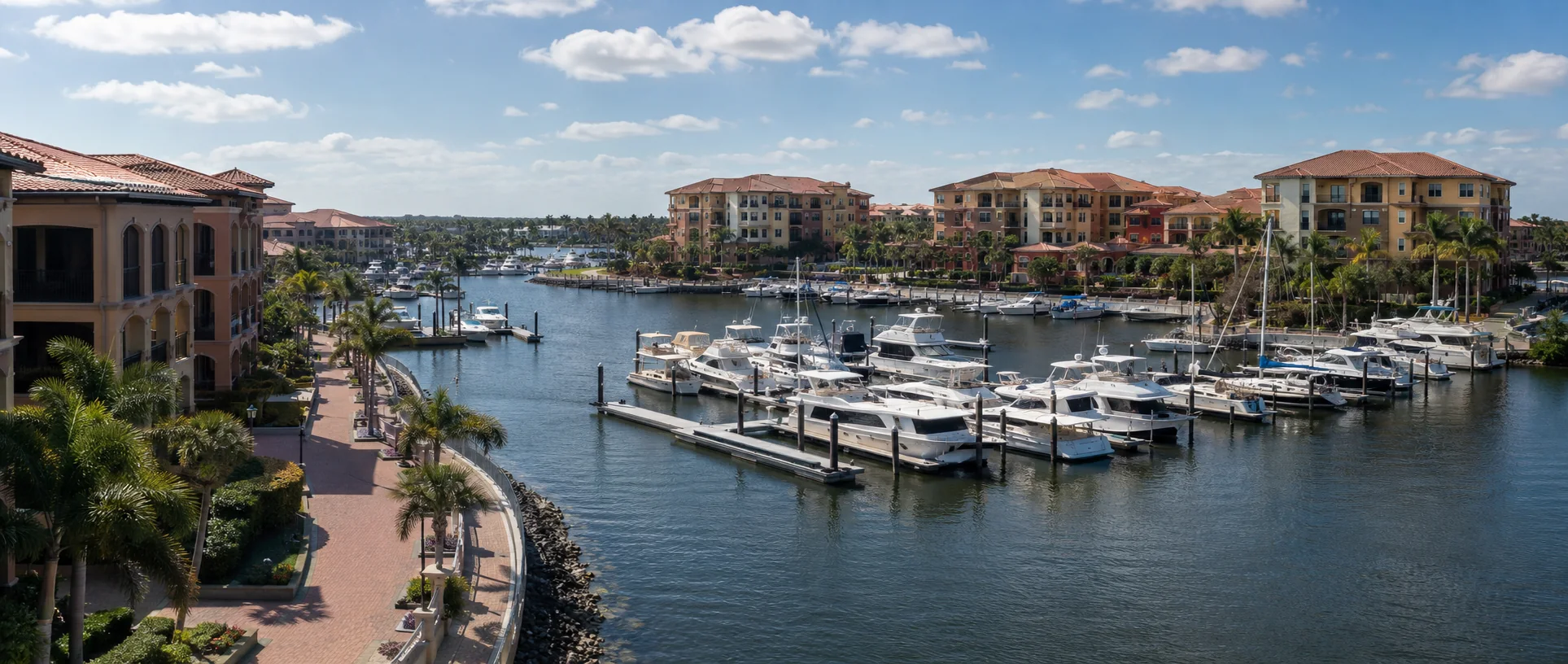 Marina basin, waterfront residences and boats representing Cape Harbour living in Cape Coral.