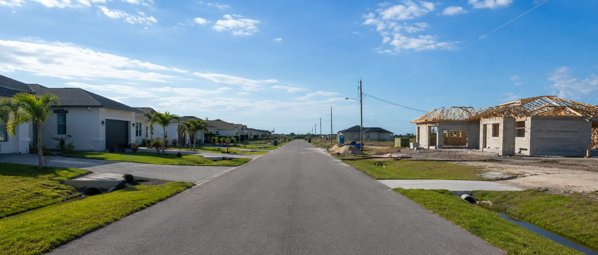 Newer single-family homes and open residential lots in northeast Cape Coral.