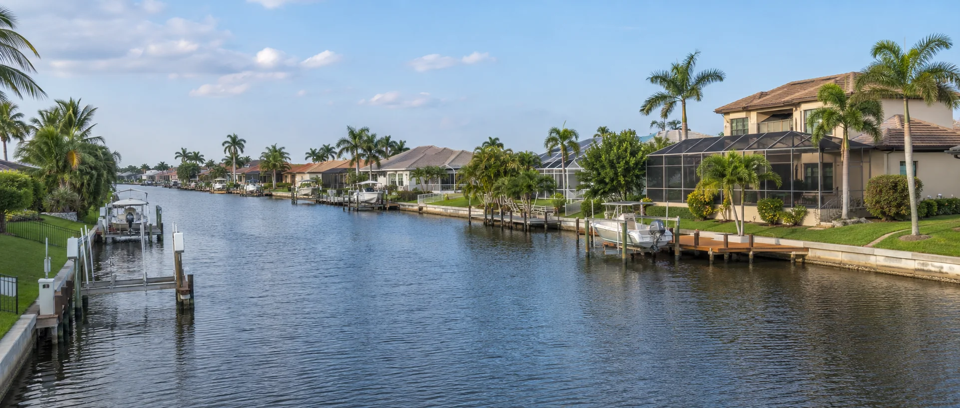 Established waterfront homes and docks along a southeast Cape Coral Gulf-access canal.