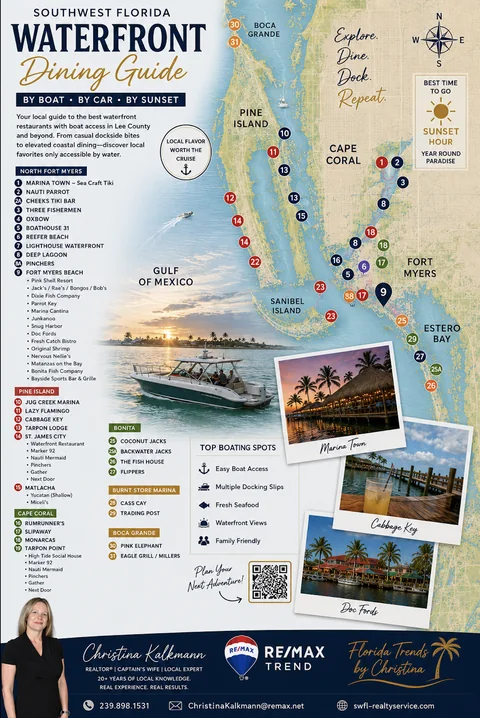 Southwest Florida Waterfront Dining Guide, a printable map-style flyer with numbered restaurant markers by area