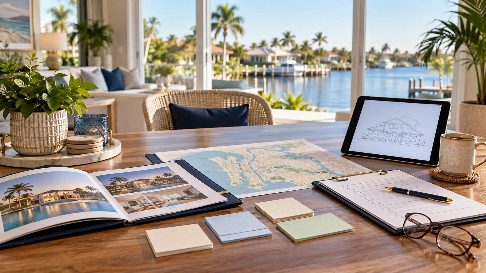 Southwest Florida real estate consultation table with property information, map, checklist, and waterfront view