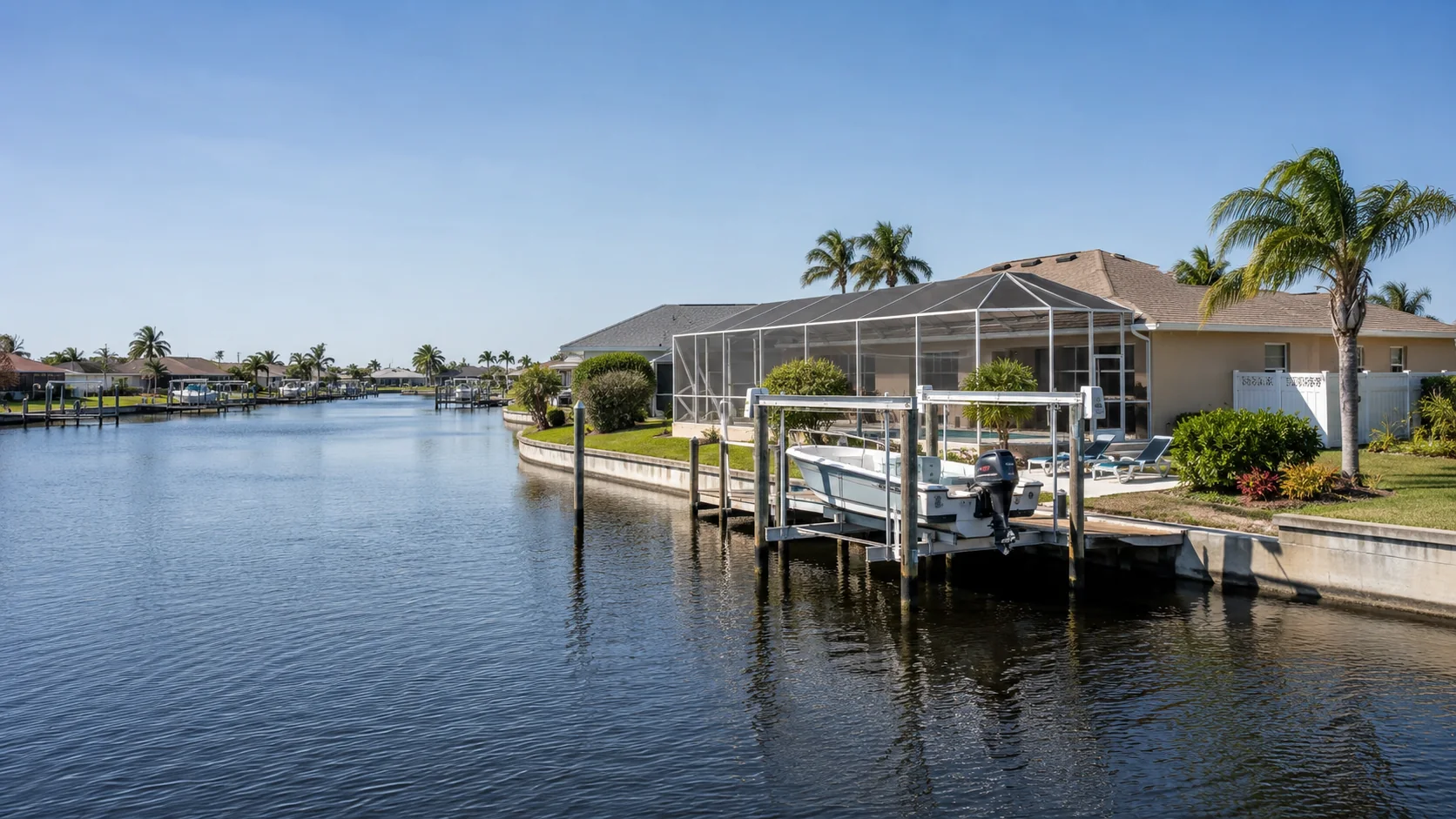 Cape Coral canal home with a screened lanai, seawall, dock and boat lift.