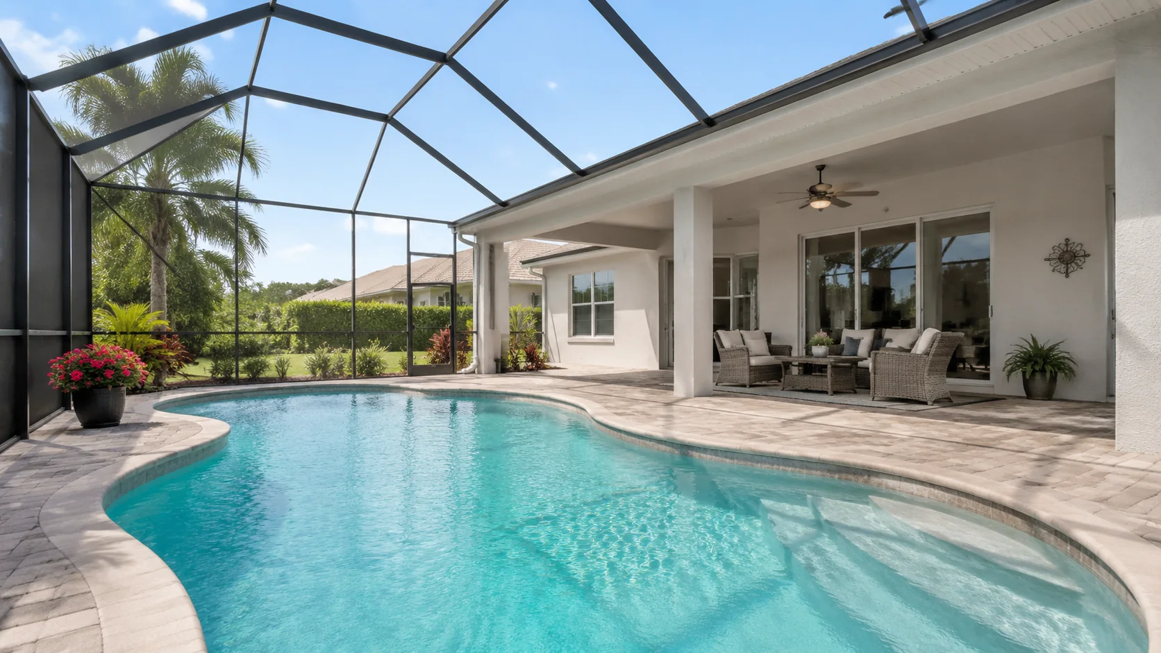 Screened swimming pool and covered lanai at a Cape Coral home.