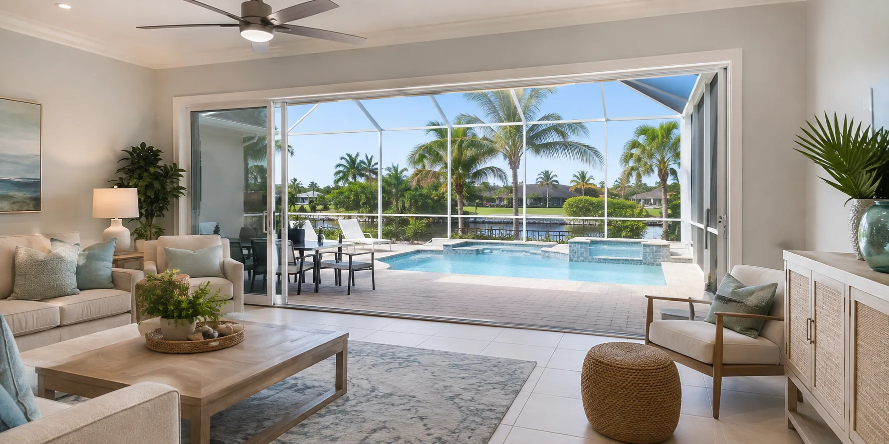 Bright Cape Coral living room opening to a screened pool lanai and waterfront view.