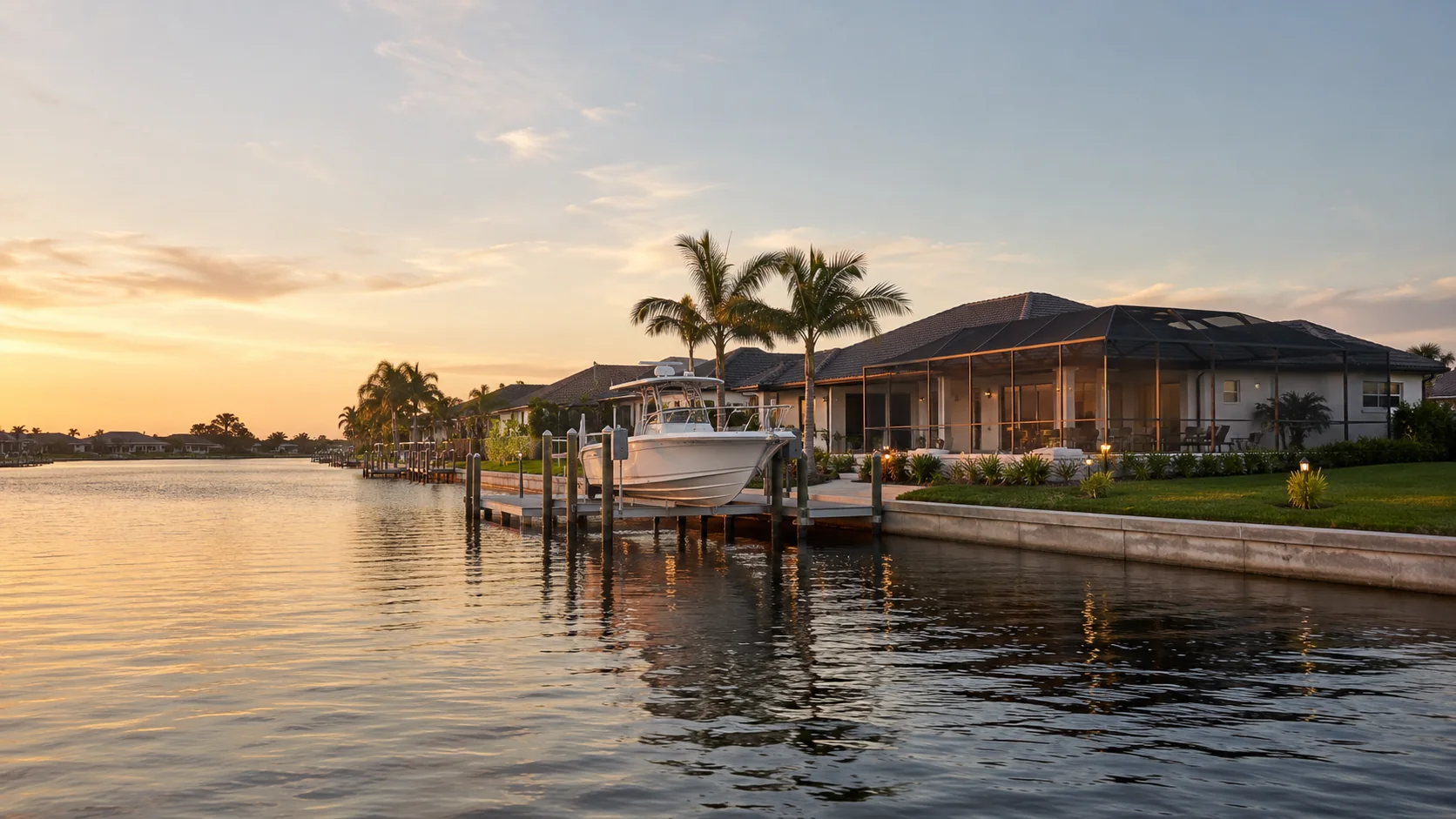 Cape Coral waterfront home with a screened lanai, dock and center-console boat on a canal.