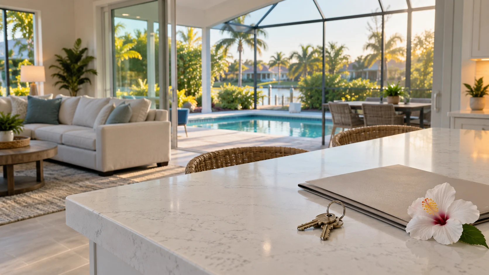 House keys and closing documents inside a Southwest Florida pool home overlooking a canal.