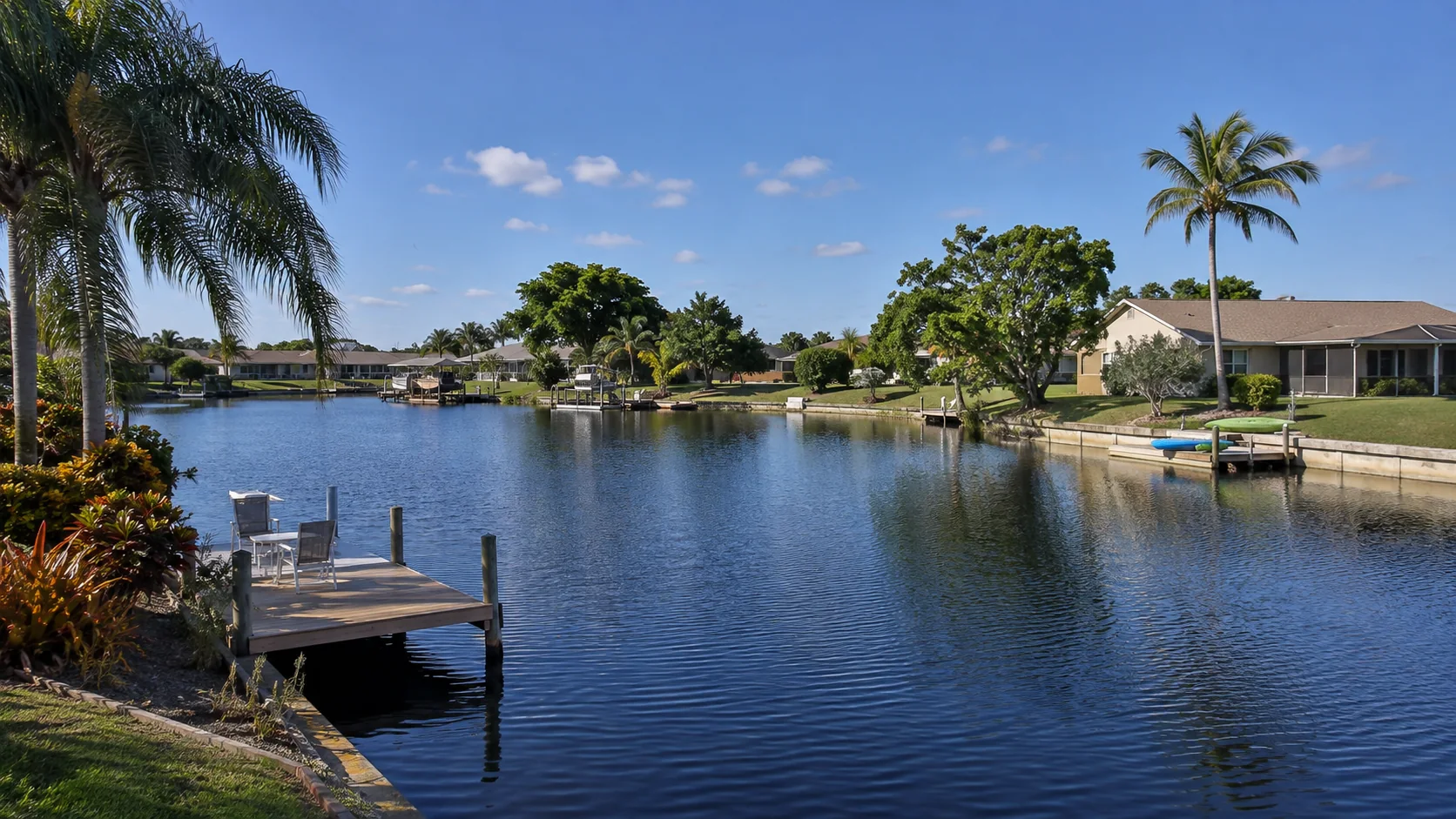 Homes along a Cape Coral freshwater canal used for views, fishing and small-boat recreation.