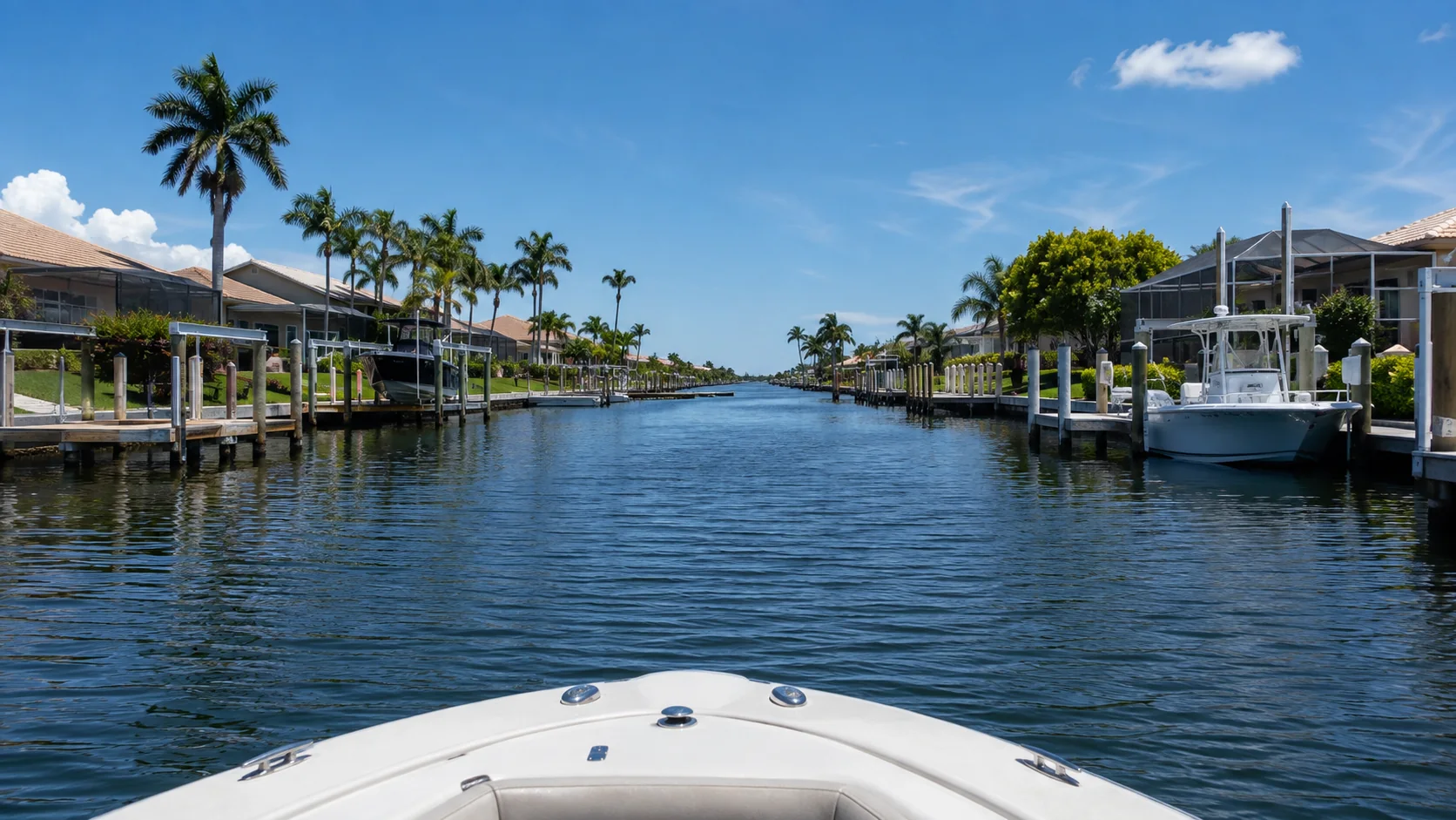 A boating route through a Cape Coral Gulf-access canal lined with waterfront homes, docks and boat lifts