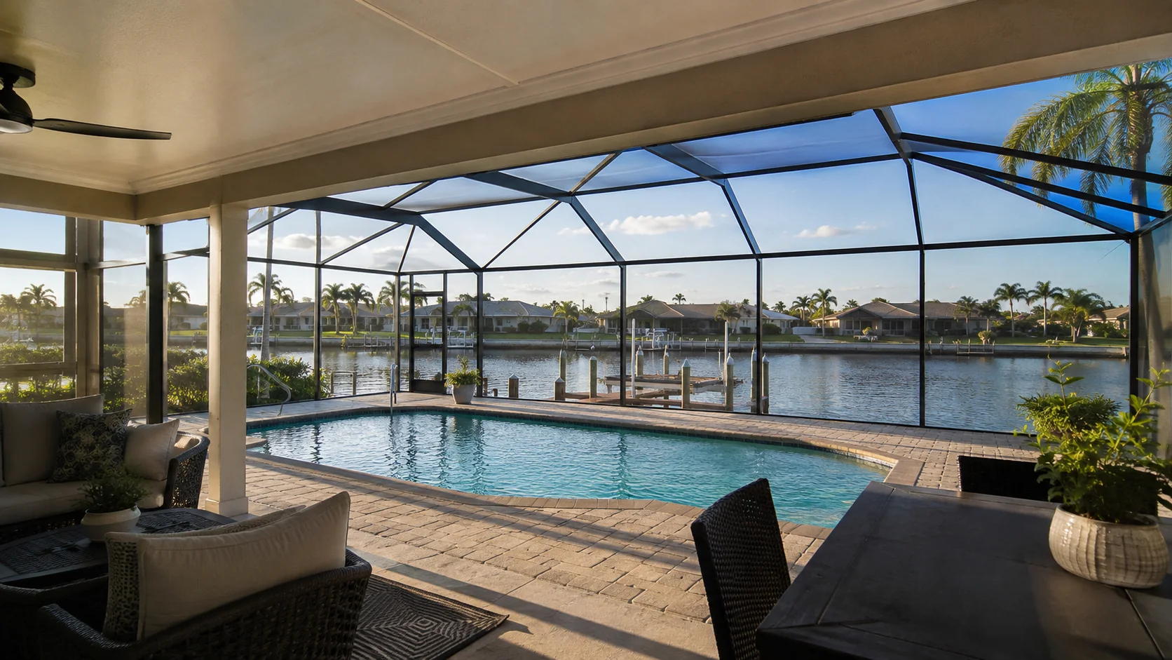 Screened pool and shaded lanai overlooking a Cape Coral canal in late-afternoon light.