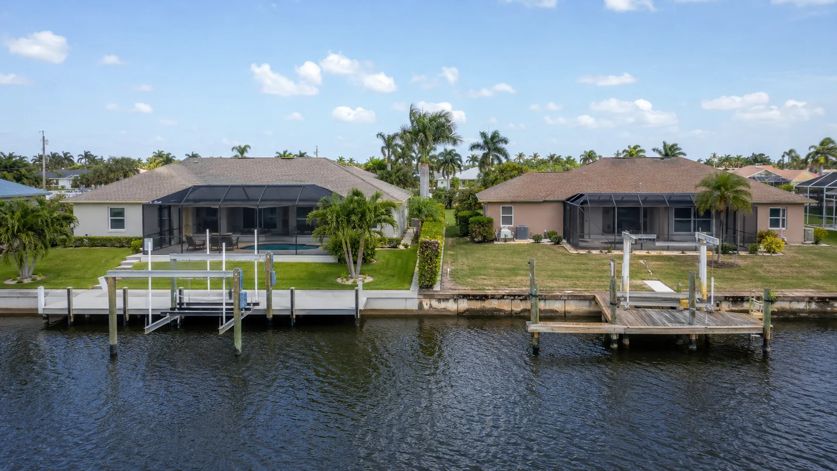 Comparison of Cape Coral waterfront properties showing how similar homes can have very different boating access and ownership considerations.